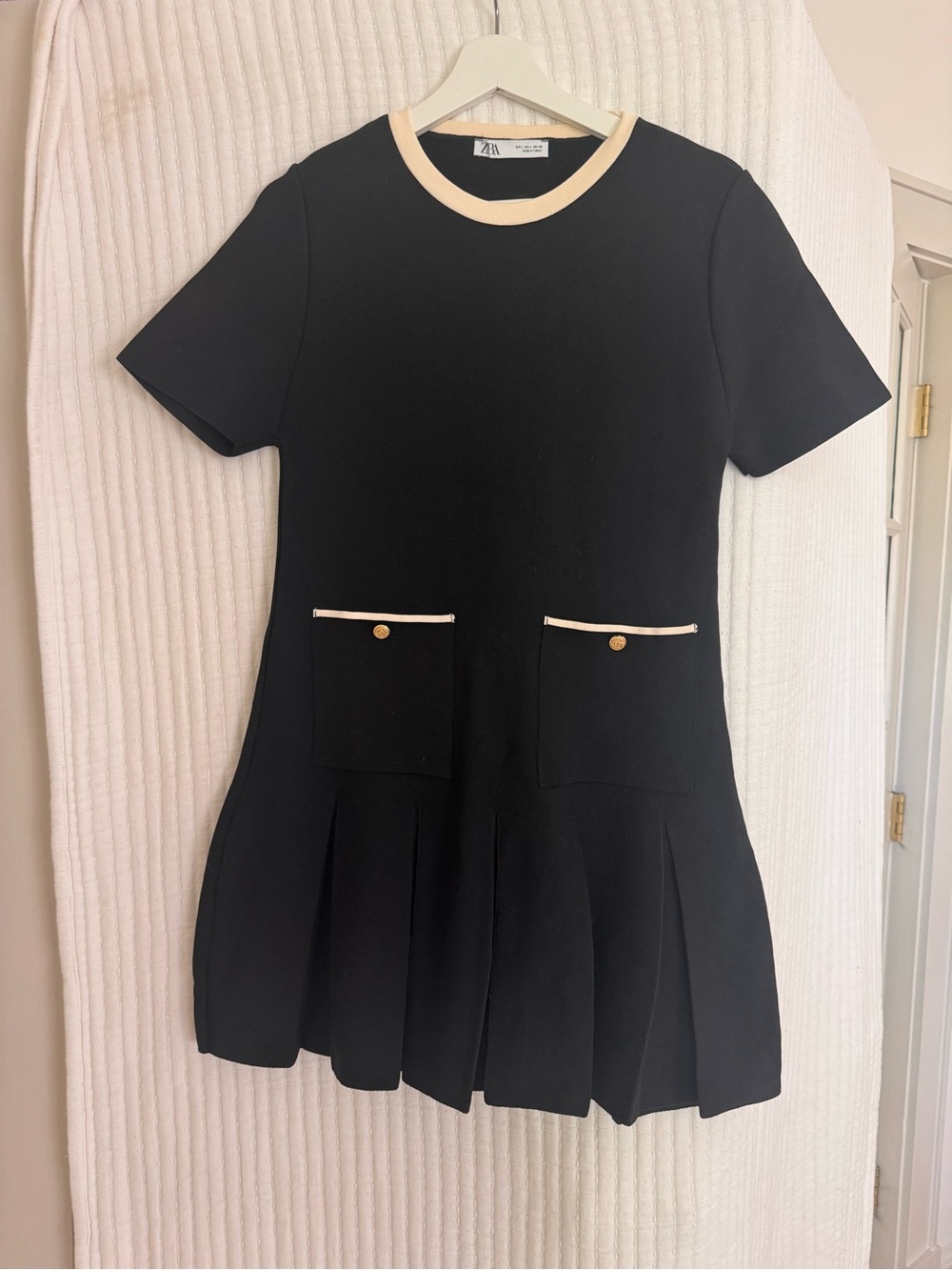 ZARA Black Knit Mini Dress Contrast Trim Gold Buttons Size L